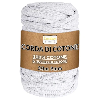 Immagine di Creative Deco Corda Macrame 9mm x 50m Filo Cotone Bianco per Uncinetto macramè (+ 0.5mm) Fettuccia Borse a Uncinetto, da Parete Spago Decorazioni, Cordino Porta Vaso