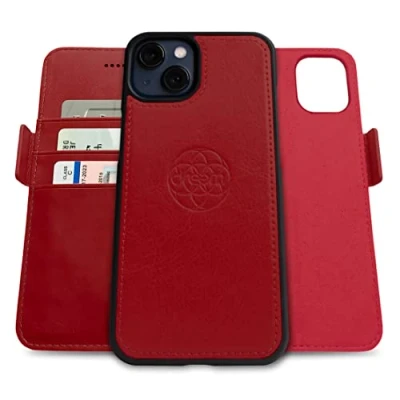 Immagine di dreem Fibonacci compatibile con iPhone 13 Mini custodia a portafoglio/custodia antiurto 2 in 1 e folio pelle vegana staccabile, MagSafe, protezione RFID [Rosso]