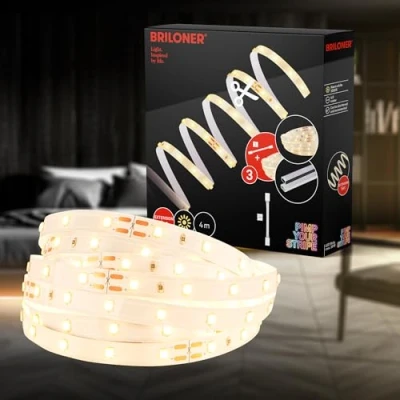 Immagine di BRILONER Set di espansione Pimp your Stripe striscia led da 4 m bianco caldo con connettori, on/off, accorciabile, autoadesiva, LED, gaming, retroilluminazione tv, luce