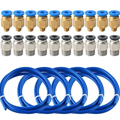 Immagine di 5 tubi in teflon PTFE (ogni lunghezza è di 1 m) con 10 raccordi pneumatici PC4 M6 + connettori M10 per stampanti 3D (filamento da 1,75 mm)