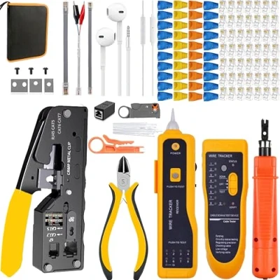Immagine di MAYLINE Pinza Crimpatrice RJ45 Set di strumenti riparazione a crimpare per RJ11/RJ12/RJ45, taglierina crimpatura spelafili passante rete Cat5/Cat6, pinze cavi Lan la(Giallo)