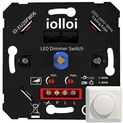Immagine di iolloi interruttore dimmer, dimmer LED, prese da incasso, rotativo per lampade LED/alogene dimmerabili, 230V, 5 300W (con coperchio e con morsetti)