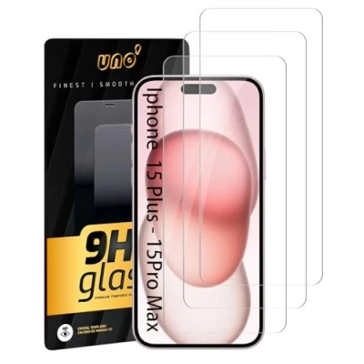 Immagine di UNO&#039; Pellicola protettiva per schermo iPhone 15 Plus/iPhone Pro Max (6,7&quot;) anti impronta, antigraffio, durezza superficiale 9H, senza bolle, ultra resistente, trasparente.