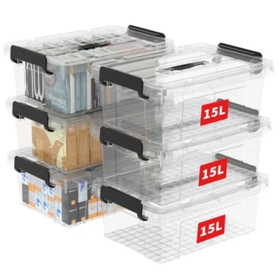 Immagine di Cetomo 15L*6 Scatole di Stoccaggio in Plastica, Portaoggetti con Coperchio, Organizzatore Manico, Contenitori per Casa e Ufficio, Impilabile, Resistente, Trasparente, 15L Confezione da 6