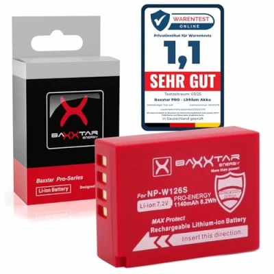 Immagine di Baxxtar MaxProtect NP W126s W126 Batteria (1140 mAh) con sensore NTC attivo e custodia protettiva V1 senza limitazioni d&#039;uso Fuji X M5 X100VI S10 T20 T30 II T5 T50 ecc.