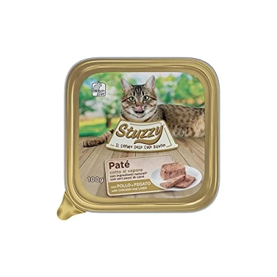 Immagine di Stuzzy, Cibo Umido per Gatti Adulti al Gusto Pollo e Fegato, Linea Paté Carni in Pezzi Totale 3,2Kg (32 Vaschette da 100G)