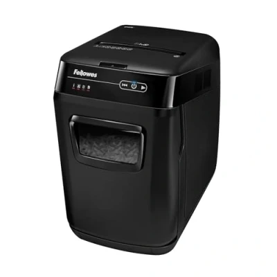 Immagine di Fellowes distruggi documenti automatico a frammento 150C, 150 fogli, per piccolo ufficio, da 1 3 utenti, distruggidocumenti silenzioso con retromarcia automatica e modalità riposo, nero