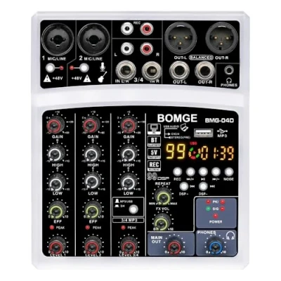 Immagine di BOMGE 4 canali 16 DSP Echo dj audio sound mixer interfaccia console di miscelazione karaoke con MP3 USB Bluetooth, registrazione stereo, alimentazione phantom 48 V, 5 V (04D bianco)