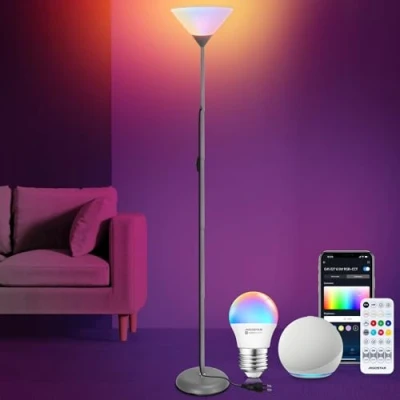 Immagine di Aigostar Lampada Salotto da Terra, 175cm Piantana Angolare con 6.5W G45 Lampadine Bluetooth Mesh e Telecomando, RGB 2700K 6500K Dimmerabile Funziona Alexa, Moderna Terra