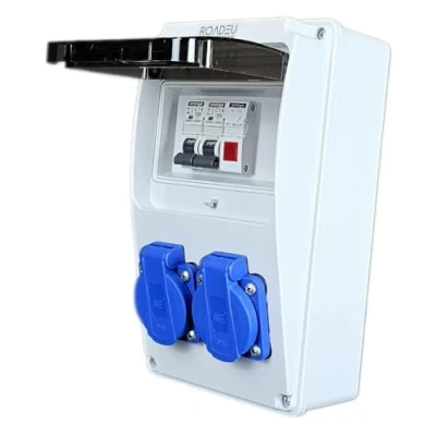 Immagine di RoadEu Distributore di corrente 230 V 2 prese Schuko con interruttori e luce segnalazione LED rosso presa interruttore C 16 A Cablato