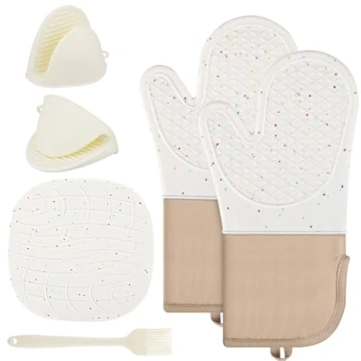 Immagine di Guanti da forno in silicone,set di cucina, Set 6 Cucina Silicone Resistente al Calore Adatti per Cucinare Cuocere e Grigliare