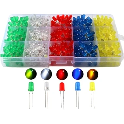 Immagine di CESFONJER Diodo ad emissione luminosa LED 500pz x 5mm, Diffusore rotondo 2pin Bianco/Rosso/Giallo/Verde/Blu Kit (5 colori 100pz)