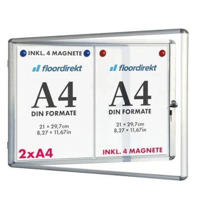 Immagine di Floordirekt Vetrina 2 x A4 con 4 calamite, cassetta informativa, da appendere alla parete posteriore magnetica e scrivibile, telaio in alluminio vetro acrilico