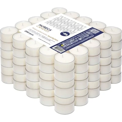 Immagine di Horeca Candles 200 Lumini Tealight Candele Bianche Durata 8 ore Inodore, Non Profumate Set da Pezzi Tè Luci Bicchiere di Plastica Trasparente