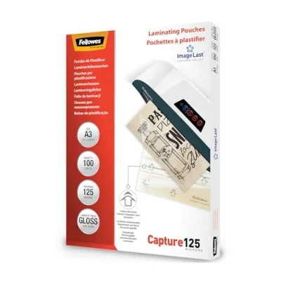 Immagine di Fellowes Pouches per plastificazione documenti, formato A3, finitura lucida, confezione da 100 pezzi, 250 micron, 2x125 con Image Last direzionare foto e documenti