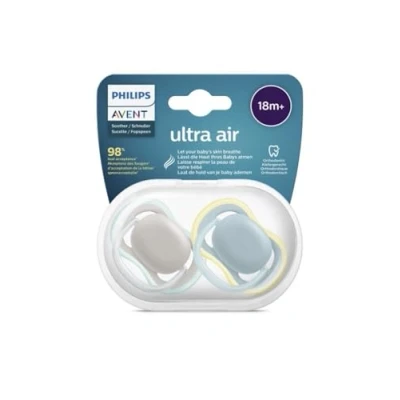 Immagine di Ciuccio ultra air Philips Avent, dai 18 mesi in su, tettarella extra resistente, ortodontico e senza BPA, 2 pezzi, custodia da trasporto/sterilizzazione inclusa, SCF349/01