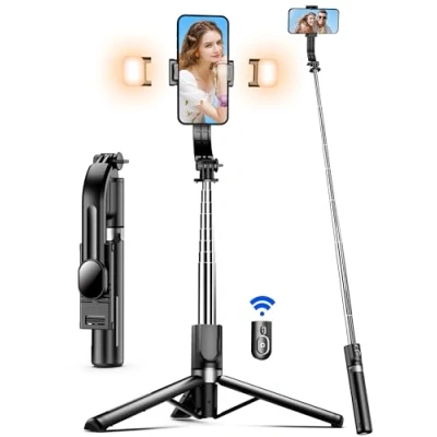 Immagine di Bastone Selfie Treppiede per Smartphone 2 Luce di Riempimento, 115cm Stick Stabile, Estensibile Treppiedi con Telecomando Wireless Rotazione a 360 iPhone 14/13/12/11 Samsung Huawei