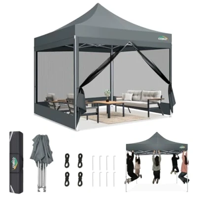 Immagine di COBIZI Gazebo 3x3 Pieghevole Impermeabile,Gazebo Esterno Resistente con Zanzariera Parete Laterale,Tende per Gazebo,Tendone Padiglione Pop Up Feste Campeggio Borsa(3 3m Grigio)