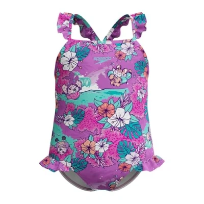 Immagine di Speedo Learn to Swim Printed Frill Thinstrap Costume da Bagno, Resistente al Cloro, Asciugatura Rapida Bagno per Bambina, Neon Violet, 4 Anni