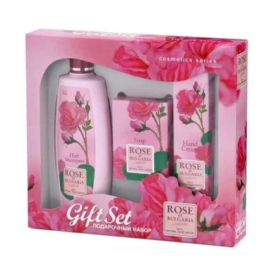 Immagine di Set regalo alla rosa con shampoo da 330 ml, sapone 80 g e crema mani 75 ml