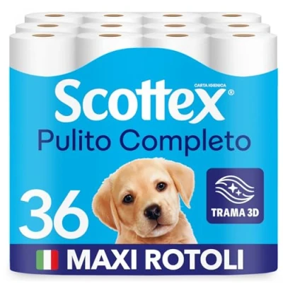 Immagine di Scottex Pulito Completo Carta Igienica, Morbida e Resistente, Confezione Ecosostenibile in Carta, 36 Rotoli Maxi
