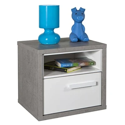 Immagine di Composad Comodino della Linea MIPIACE con 1 Cassetto e Vano, Cameretta Piccolo, Camera da Letto, (LxAxP) 45x42,30x40 cm, Cemento Bianco Laccato, Made in Italy