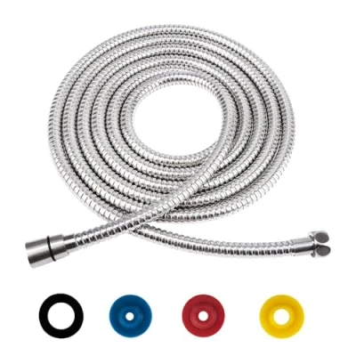 Immagine di GEFIRE Tubo Doccia, Flessibile Doccia in Acciaio Inossidabile (G1/2&quot;, 5M), da Anti Torsione con 4 Riduttore di Flusso, Resistenza alle Alte Temperature, Argento