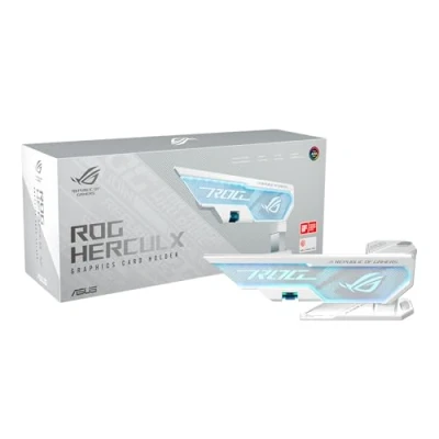 Immagine di ASUS ROG Herculx Supporto per Scheda Grafica, Montaggio Senza Attrezzi, Comoda Livella Integrata, Struttura in Lega Di Zinco, Altezza Regolabile da 72 a 128mm, Aura Sync, Bianco