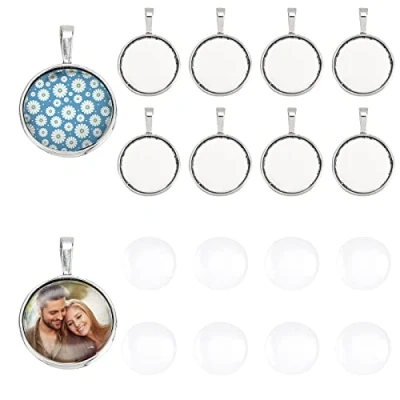Immagine di PH PandaHall 10 Set 25mm Cabochon Vetro Trasparente per Fare Ciondoli Portafoto, con Basi Argento Antico, Pendente: 40x26.5x6.5mm, Foro: 9.5x5mm