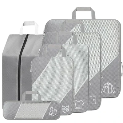 Immagine di SINZUX Organizer Valigie, Set di 6 Compression Packing Cubes, Grigio Viaggio Salvaspazio, Ultraleggero Estensibile Compressione Organizzatori Valigia Divisori per Viaggiare