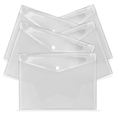Immagine di G4GADGET Cartelline portadocumenti in plastica trasparente, formato A4, confezione da 5, con tasca per etichette e bottone a pressione, buste trasparente casa, ufficio, scuola viaggi