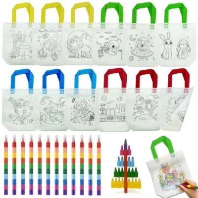 Immagine di ICEPAPA, Gadget Compleanno Bambini, 12 pezzi di Sacche da Colorare per Bambini e Pastelli a Cera impilabili (10 colori in totale), Regalini Fine Festa