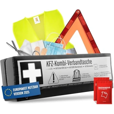 Immagine di Borsa combinata per auto (3 in 1) secondo la norma attuale 2024 Include triangolo di avvertimento, giubbotto kit segnalazione auto, DIN 13164:2022 (conforme alle norme locali