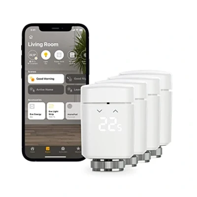 Immagine di Eve Thermo (Apple Home), set di 4, valvola termosifone intelligente con display a LED, controllo automatico della temperatura, senza gateway, controlli touch integrati, Bluetooth/Thread, bianco