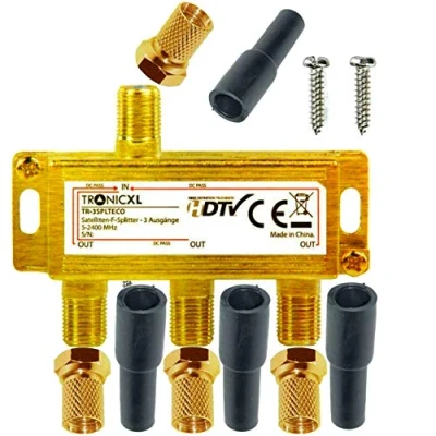 Immagine di TronicXL Splitter Satellitare 3 Vie Partitore Antenna Tv da Interno con Connettore Aerial F Ripartitore Terrestre Broadband 1 Ingresso Uscita Cavo 5 2500MHz + Adattatore Set