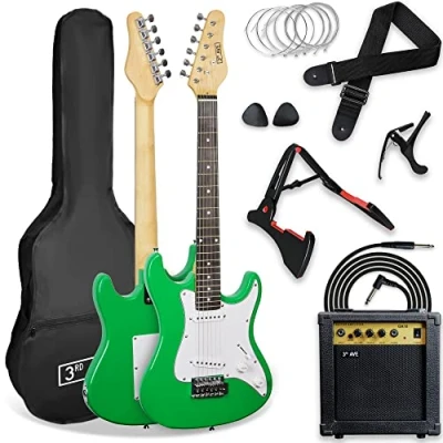 Immagine di 3rd Avenue XF Kit Definitivo Per Chitarra Elettrica 3/4 Con Amplificatore Da 10 W, Sintonizzatore Digitale, Cavo, Supporto, Custodia Morbida, Tracolla, Corde Di Ricambio, Plettri, Capotasto Verde