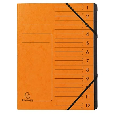 Immagine di Exacompta 541204E Classificatore spillato con elastici 12 scomparti interni in carta riciclata nera. Archiviazione di documenti A4 Arancione