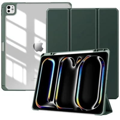 Immagine di TiMOVO Custodia per iPad PRO 13 Pollici (M4) 2024 con Portapenne, Cover Protettiva Supporto Pieghevole &amp; Retro Trasparente, Auto Sveglia/Sonno, Verde Notte