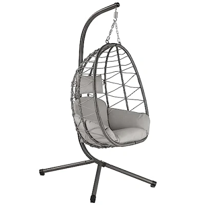 Immagine di sedia sospesa con sostegno HinHocker grigio Altalena per uso interno ed esterno Inclusi cuscino e imbottitura in vimini, da terrazzo