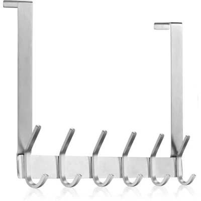 Immagine di MEIJO Appendiabiti Da Porta, Ganci Porta In Acciaio Inox Con 6 Ganci, Attaccapanni Per Cucina Ufficio Bagno (Argento, spessore 4,5 cm)