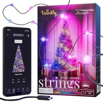 Immagine di Twinkly Strings Pearls 200 LED, Striscia Luci LED a Forma di Perla, Filo Multicolore RGB, Compatibile con Alexa, Google Home, Gaming, Alimentazione USB C, Verde, 2 x 6m