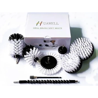 Immagine di HUAWELL Set di 8 spazzole bianche morbide per trapano con kit fissaggio estendibile interni auto, multiuso, barca, sedile, tappeti, tappezzeria, bagno, stucco, pavimento e piastrelle