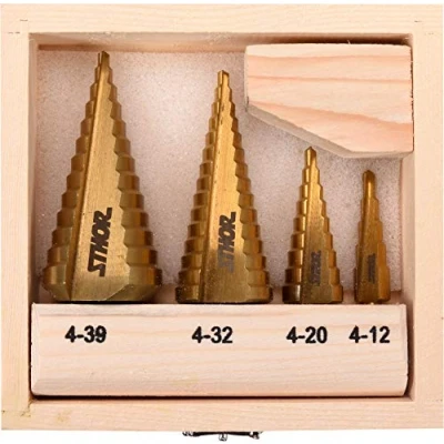 Immagine di Sthor Punta a gradino HSS titanio per metallo, legno, plastica, dimensioni scelta 4 12/4 20/4 32/4 39 mm o kit centraggio automatico conico (4 12 mm, 20 32 mm)