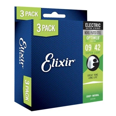 Immagine di Elixir Strings corde per chitarra elettrica Nickel Plated Steel con rivestimento OPTIWEB Confezione da 3, Super Light 9 42