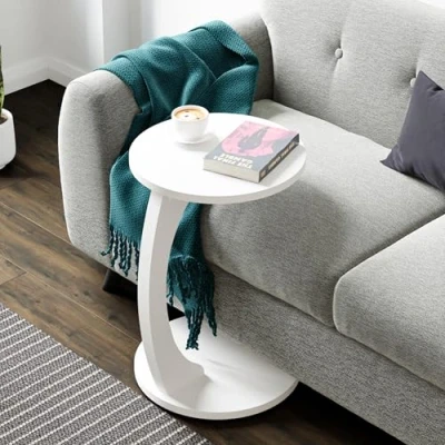 Immagine di [en.casa] Tavolino da Divano (AxØ) 56 x 38 cm Basso a Forma di C Consolle con 4 Rotelle e Piano Rotondo Bianco