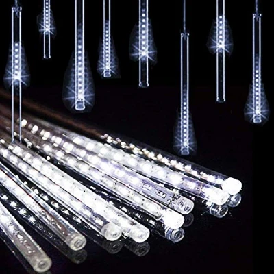Immagine di HULX Luci della Pioggia di Meteoriti del LED, 30cm 8 Tubi 144LED Stringa Solare da Cadenti Impermeabili con Modalità (Bianca)