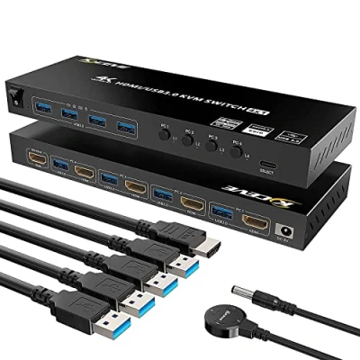 Immagine di HDMI USB 3.0 KVM Commutatore, 4 porte Switch Supporto Risoluzione 4K@60Hz, per computer Condividi Tastiera Mouse e un Monitor, Con Controllo Pulsante Interruttore Esterno