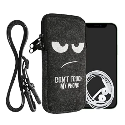 Immagine di kwmobile Custodia in Feltro con Zip per Smartphone Portacellulare a Tracolla Porta Cellulare da Collo Universale Cover Borsa Telefono Don&#039;t Touch My Phone
