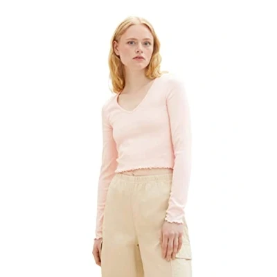 Immagine di TOM TAILOR Denim Maglia Camicia Cropped da Donna a Maniche Lunghe in con Struttura Costine, 14557 Rosa Inglese Chiara, XL