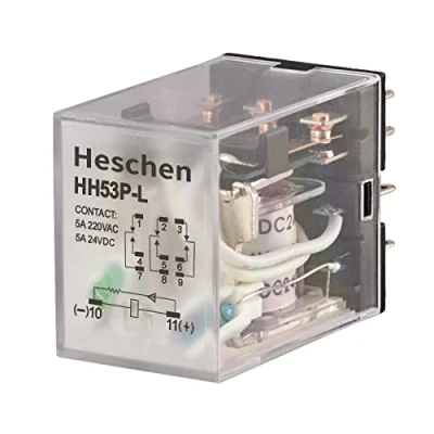 Immagine di Heschen Relè di alimentazione multiuso HH53P L da 24 V CC, bobina 5A a 220 CA / 3PDT con terminali 11 pin e indicatore LED.